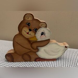 Vintage Wooden Shelf Sitter Hugging Bear and Duck